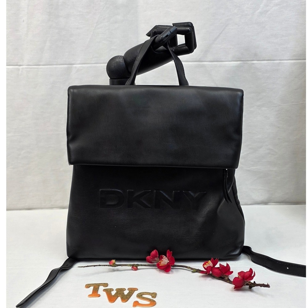 DKNY Black Faux Leather Foldover Flap Backpack